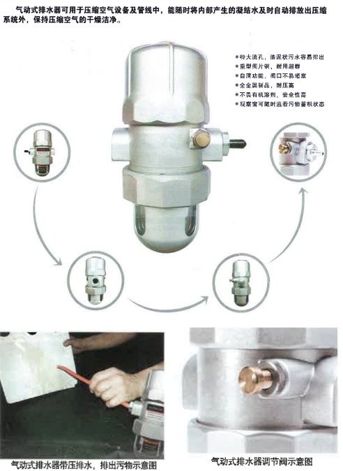 壓縮機(jī)附件推薦：“0氣耗”機(jī)械浮球式自動(dòng)輸水器、手自一體自動(dòng)輸水器、氣動(dòng)式自動(dòng)輸水器