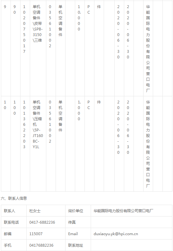 華能國(guó)際電力公司營(yíng)口電廠壓縮機(jī)備件詢價(jià)