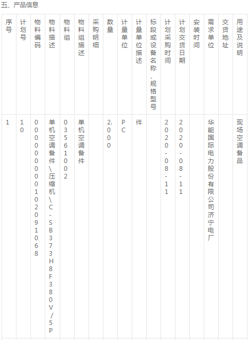 華能國際濟寧電廠空調(diào)壓縮機及配件詢價公告