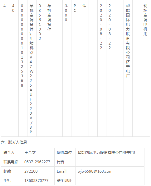 華能國際濟寧電廠空調(diào)壓縮機及配件詢價公告
