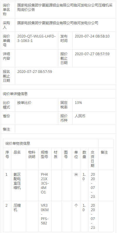 寧夏能源鋁業(yè)有限公司臨河發(fā)電分公司壓縮機(jī)詢價(jià)公告