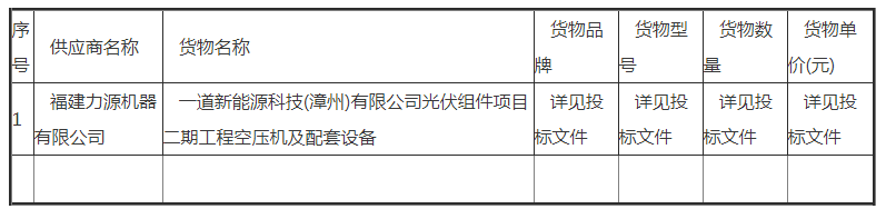 一道新能源科技(漳州)有限公司光伏組件項目二期工程空壓機及配套設(shè)備中標公告